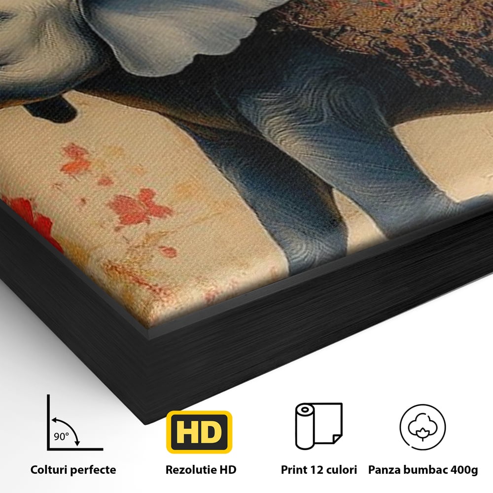 Detaliu al suprafetei: tablou canvas cu elefant albastru, in rama de aluminiu negru